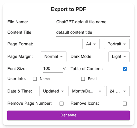 Gem Chat Exporter feature: customizable download file settings